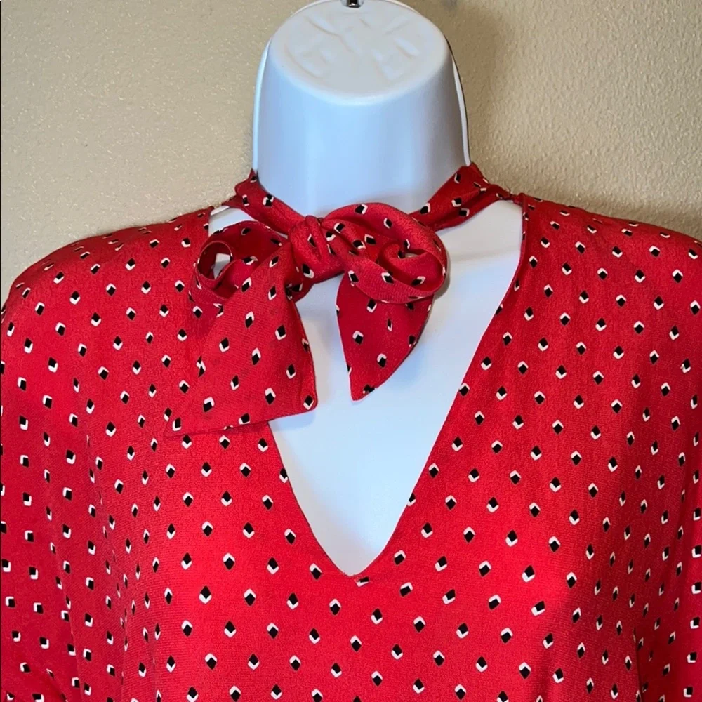 Zara Woman Women’s Red and White Puff Sleeve Blouse with Tie Front SZ Small